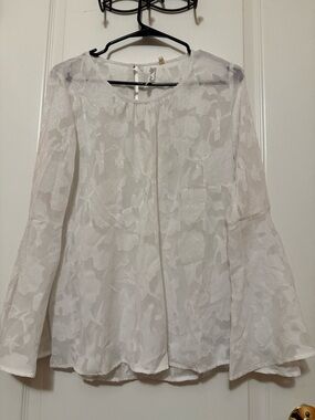 NY Collection White Floral Sheer Bell Sleeve Blouse